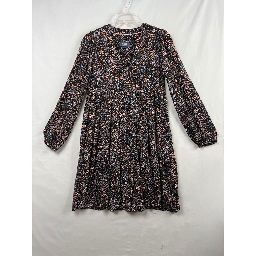 Maeve Floral Mini Dress Womens XS Black Tiered Long Sleeve Babydoll Boho